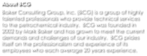 About BCG Baker Consulting Group, Inc. (BCG) is a group of highly talented professionals who provide technical services to the petrochemical industry.  BCG was founded in 2002 by Mark Baker and has grown to meet the current demands and challenges of our industry.  BCG prides itself on the professionalism and experience of its employees who each average 20 years experience.